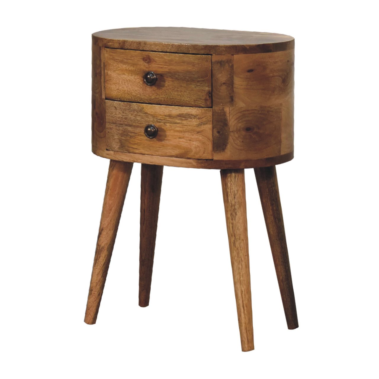 mini oak ish rounded bedside table