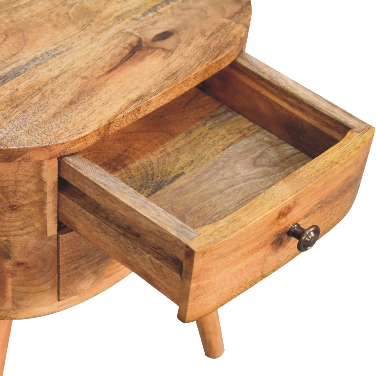 mini oak ish rounded bedside table