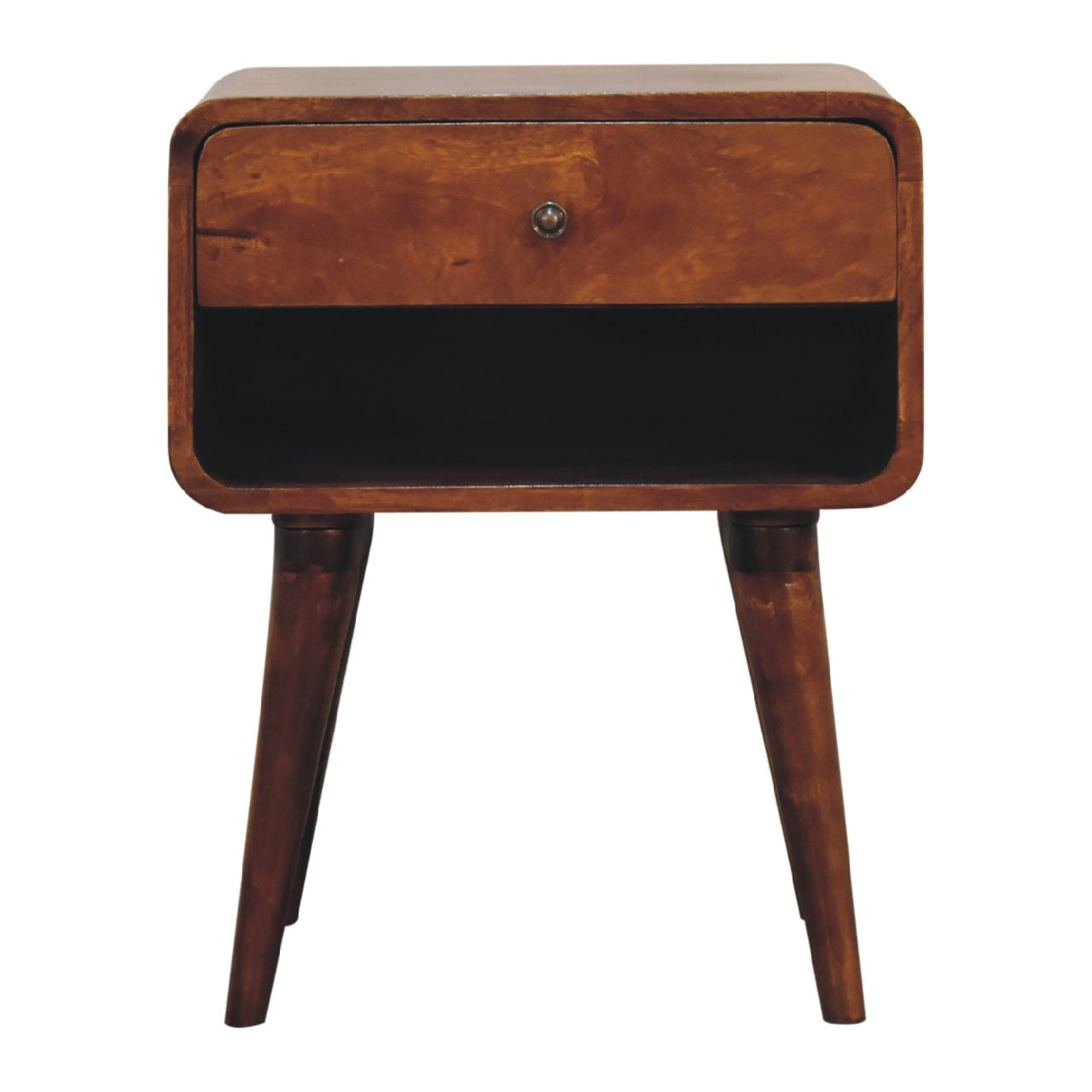 curved chestnut bedside with open slot