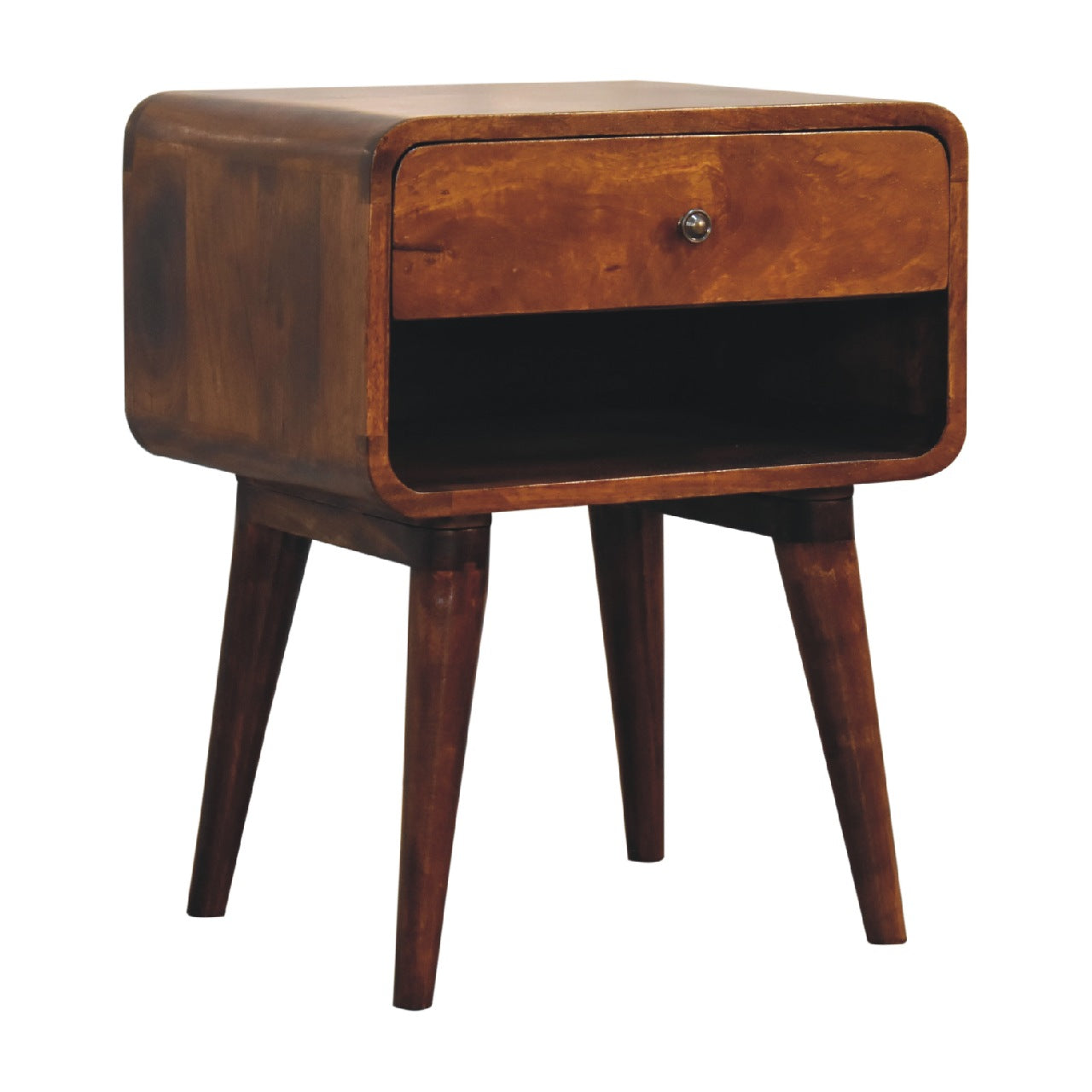 curved chestnut bedside with open slot
