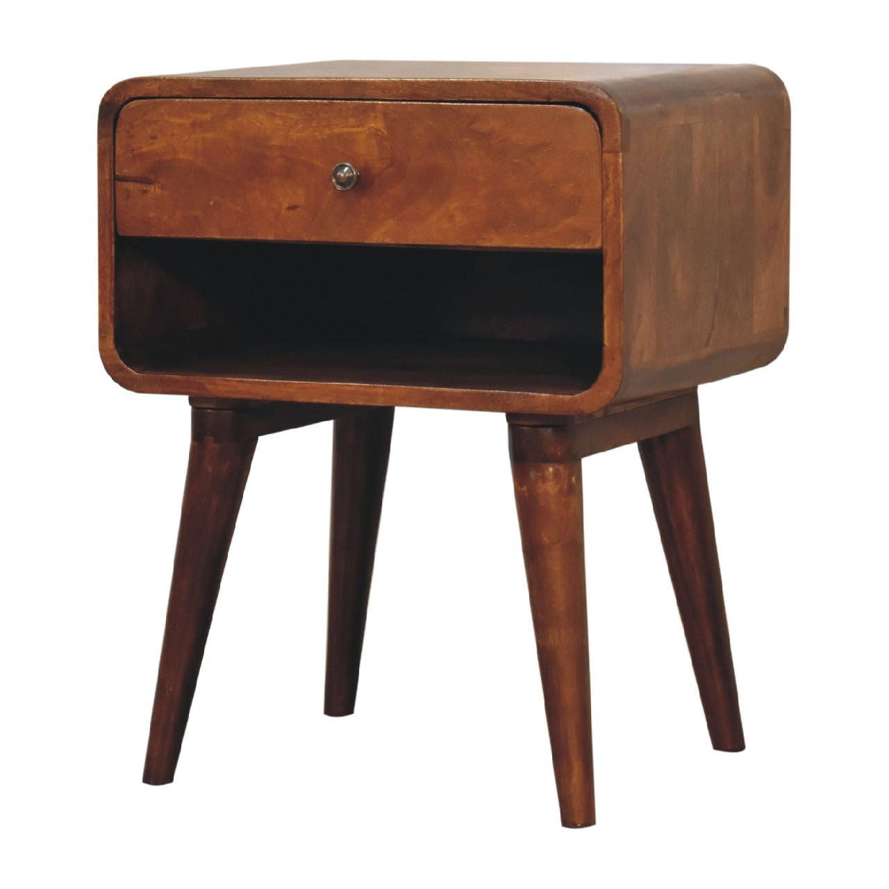 curved chestnut bedside with open slot