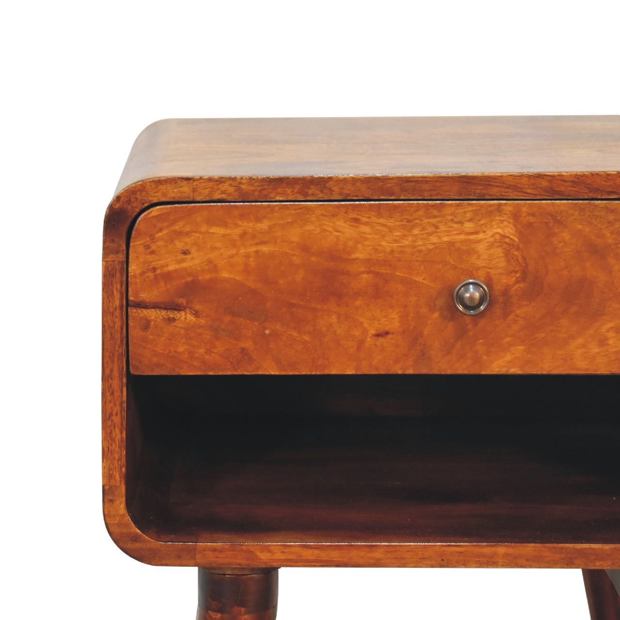 curved chestnut bedside with open slot