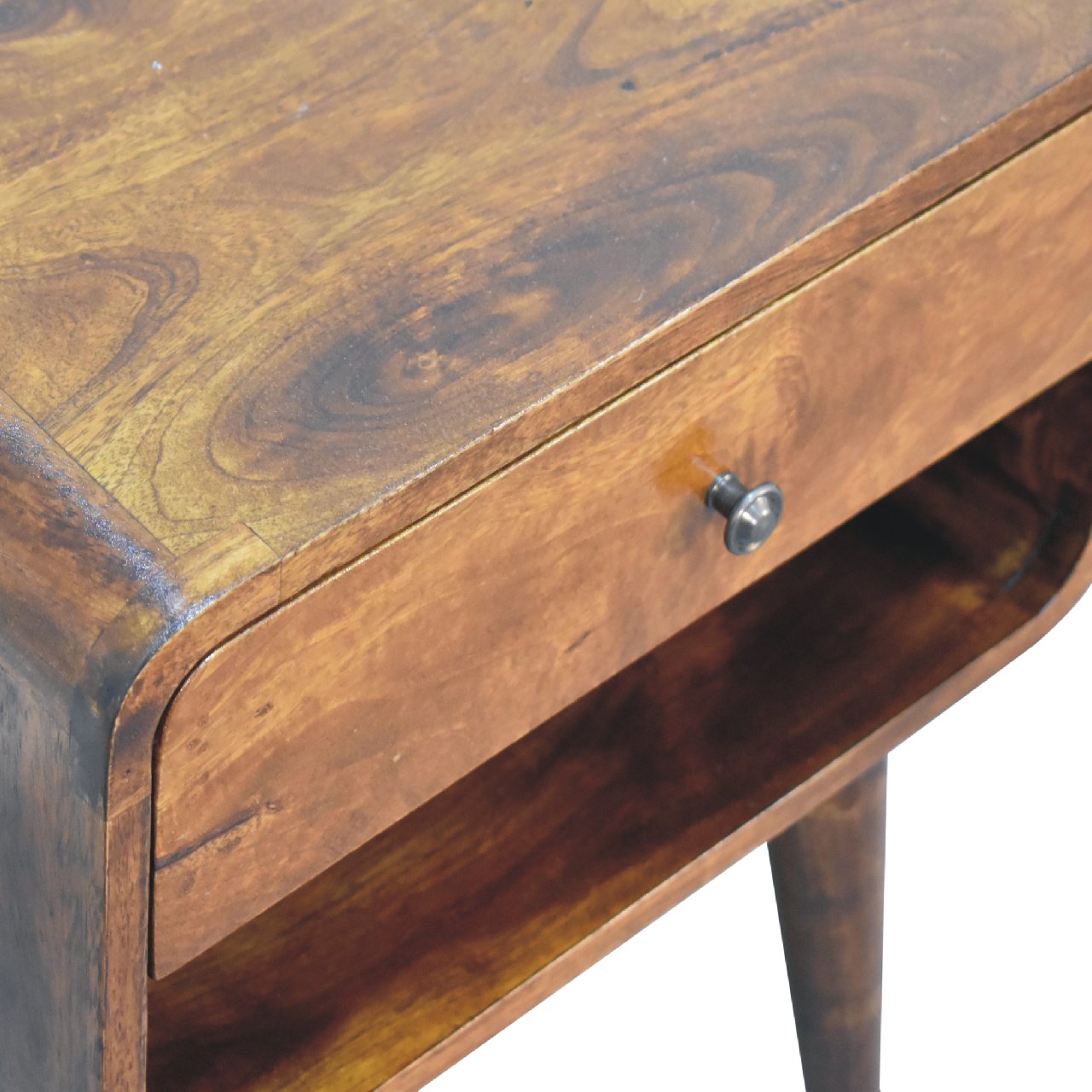 curved chestnut bedside with open slot