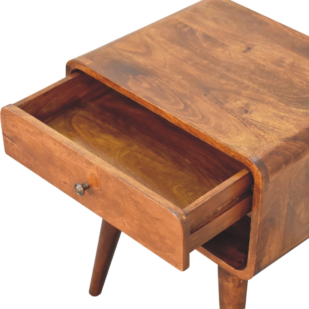 curved chestnut bedside with open slot