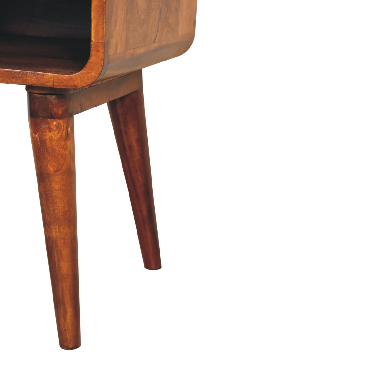 curved chestnut bedside with open slot