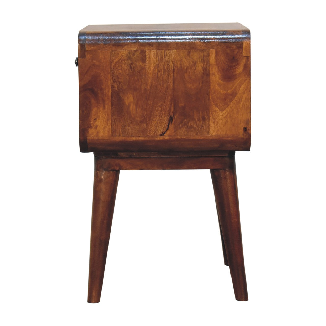 curved chestnut bedside with open slot