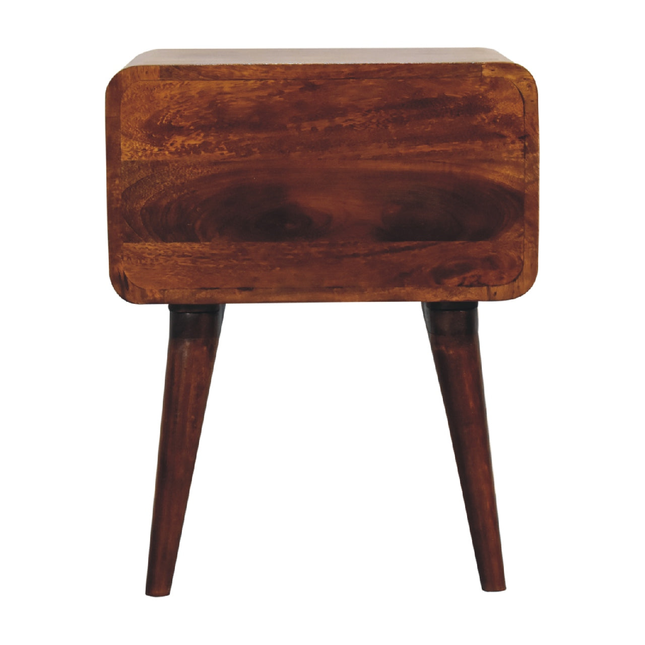 curved chestnut bedside with open slot
