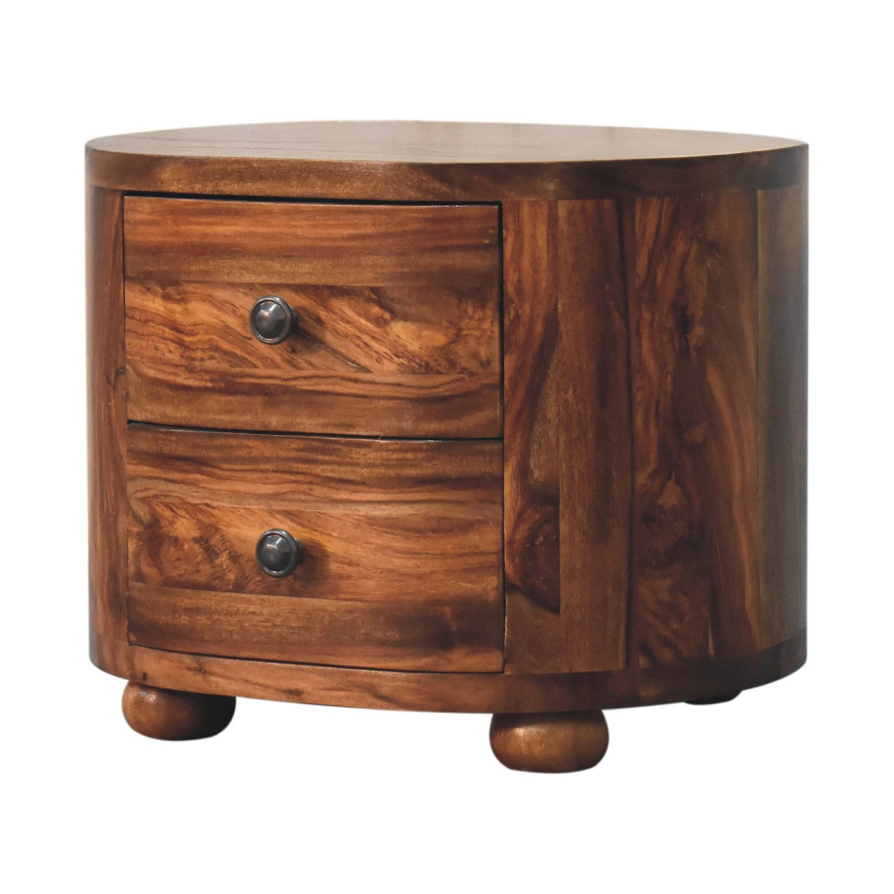 round honey finish bedside with bun feet