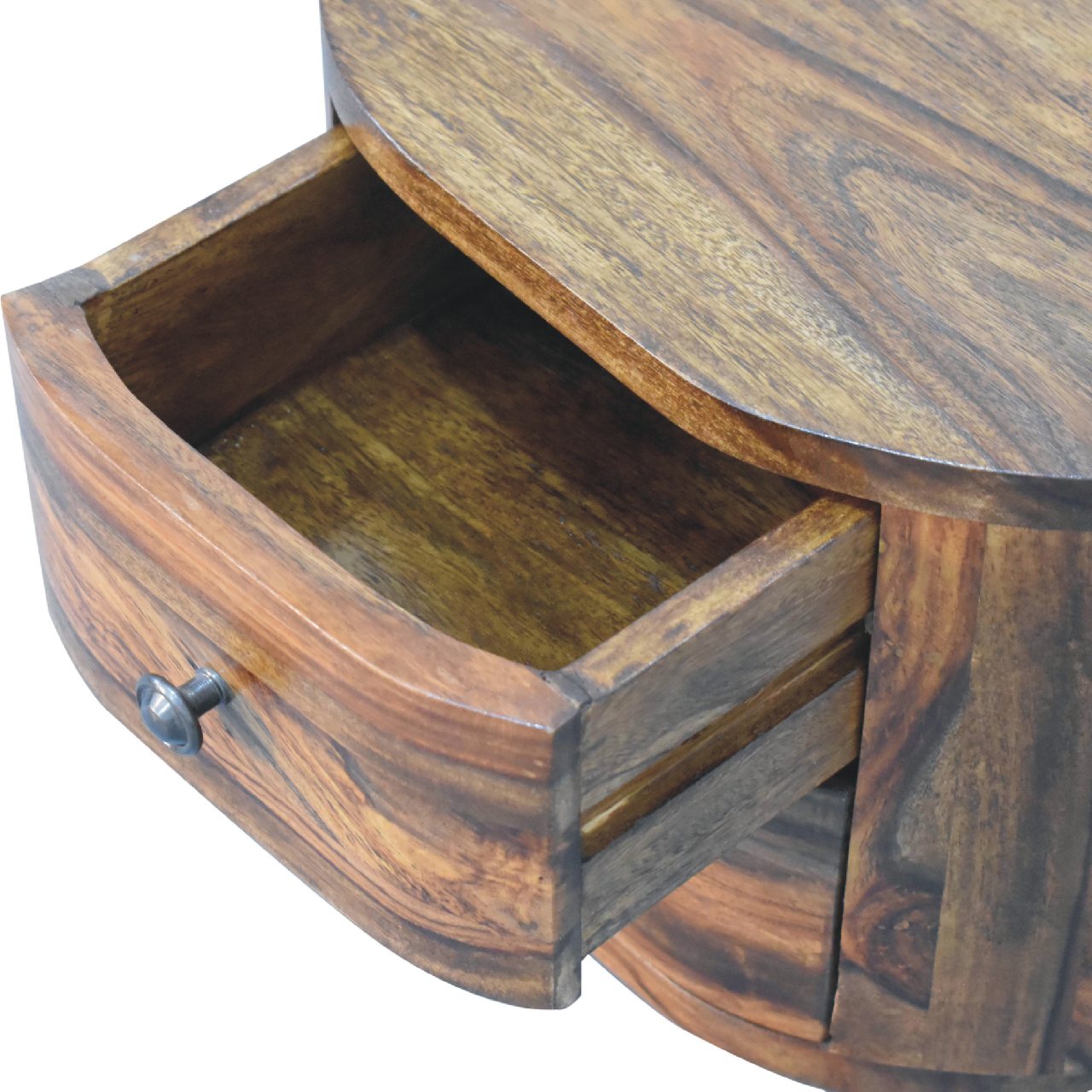 round honey finish bedside with bun feet