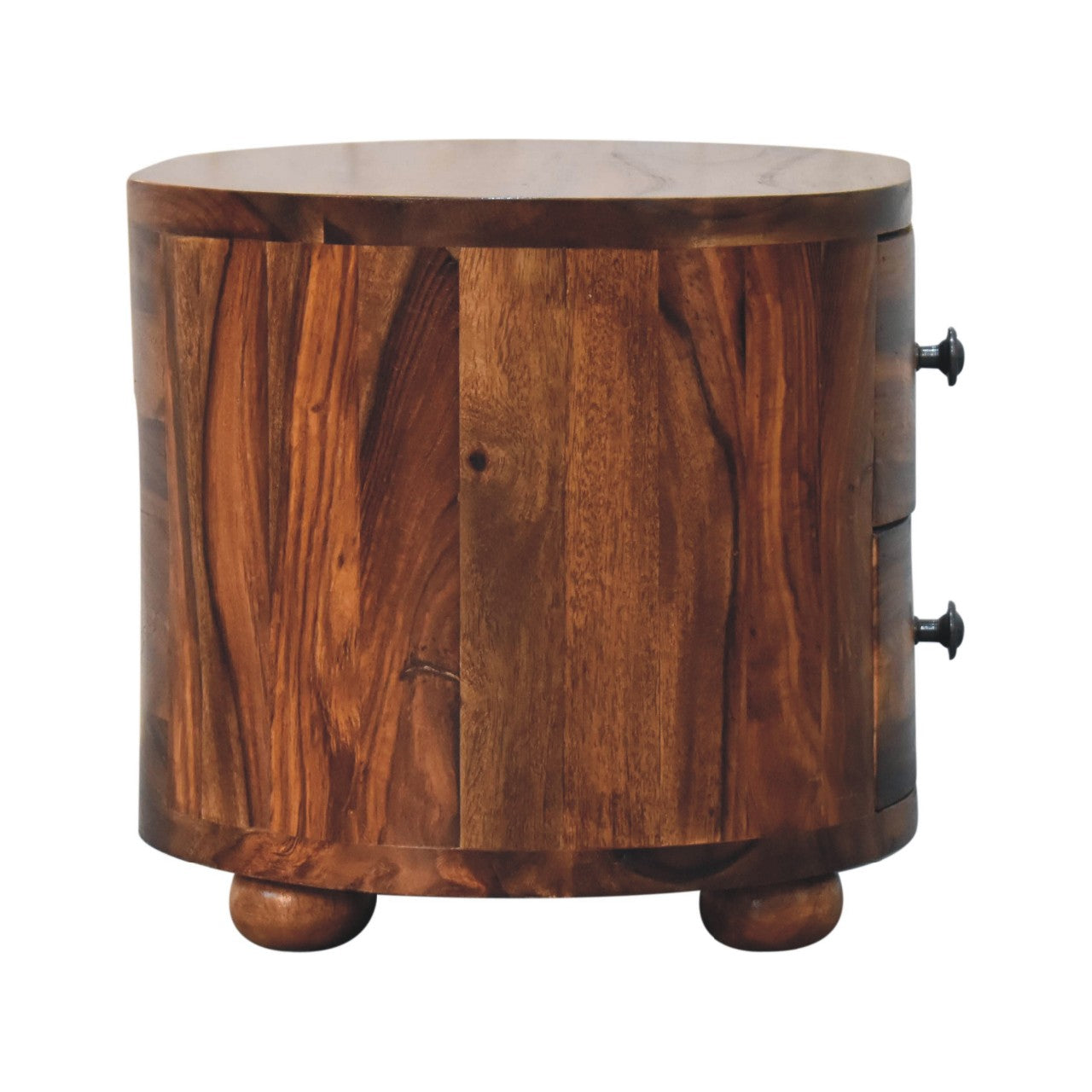 round honey finish bedside with bun feet