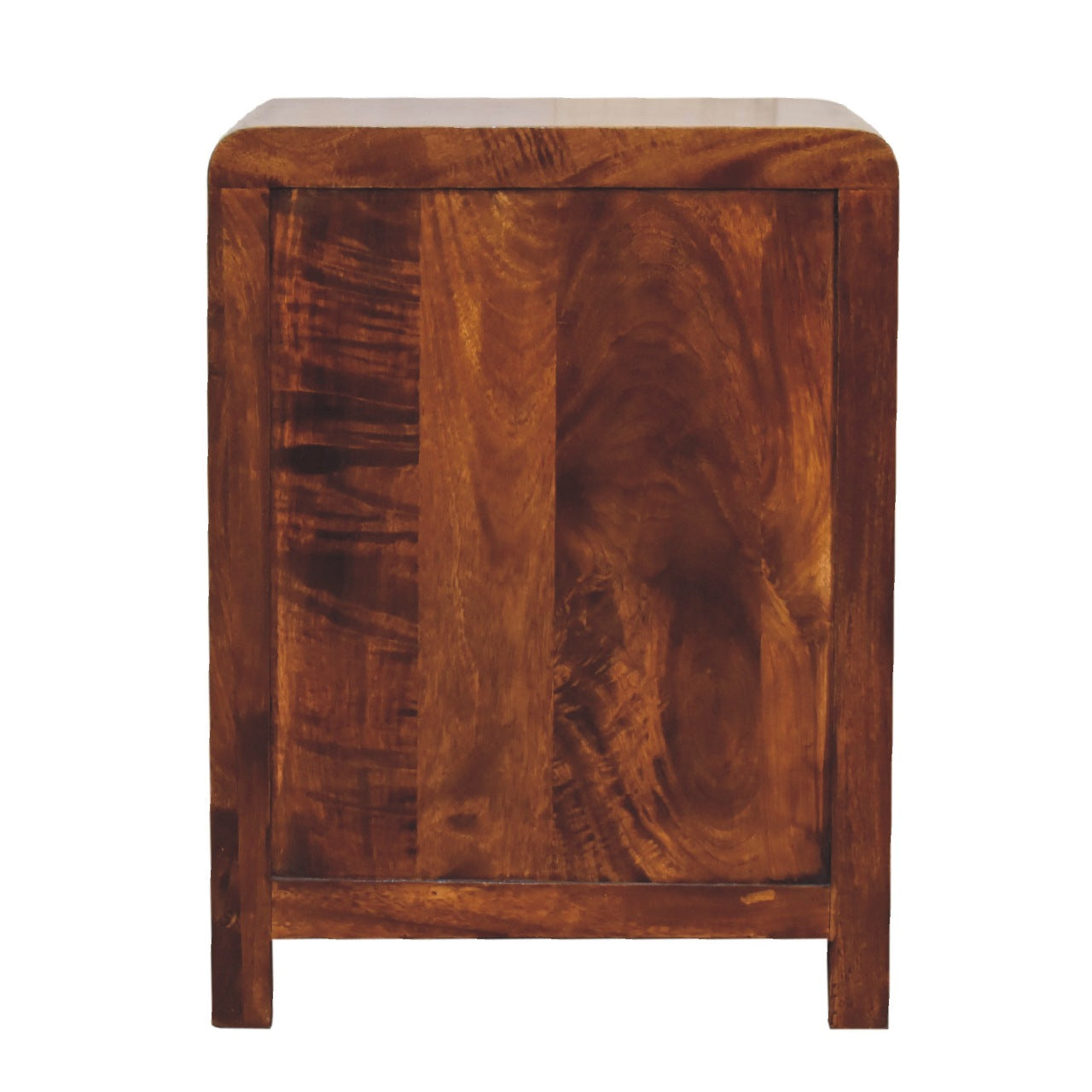 solid wood chestnut colour bedside with 3 drawers and brass handles
