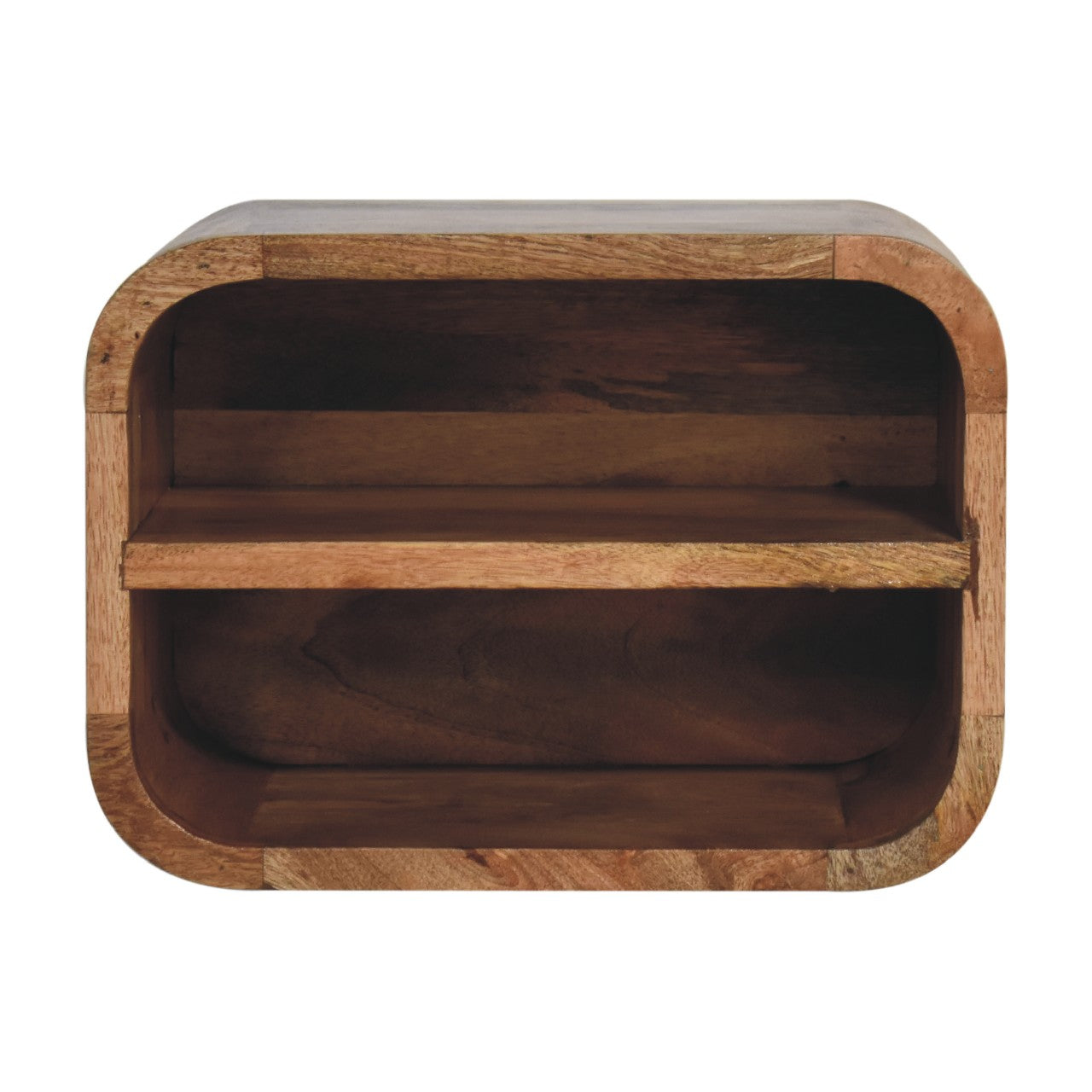 open curved oak ish 2 drawer wall mounted bedside
