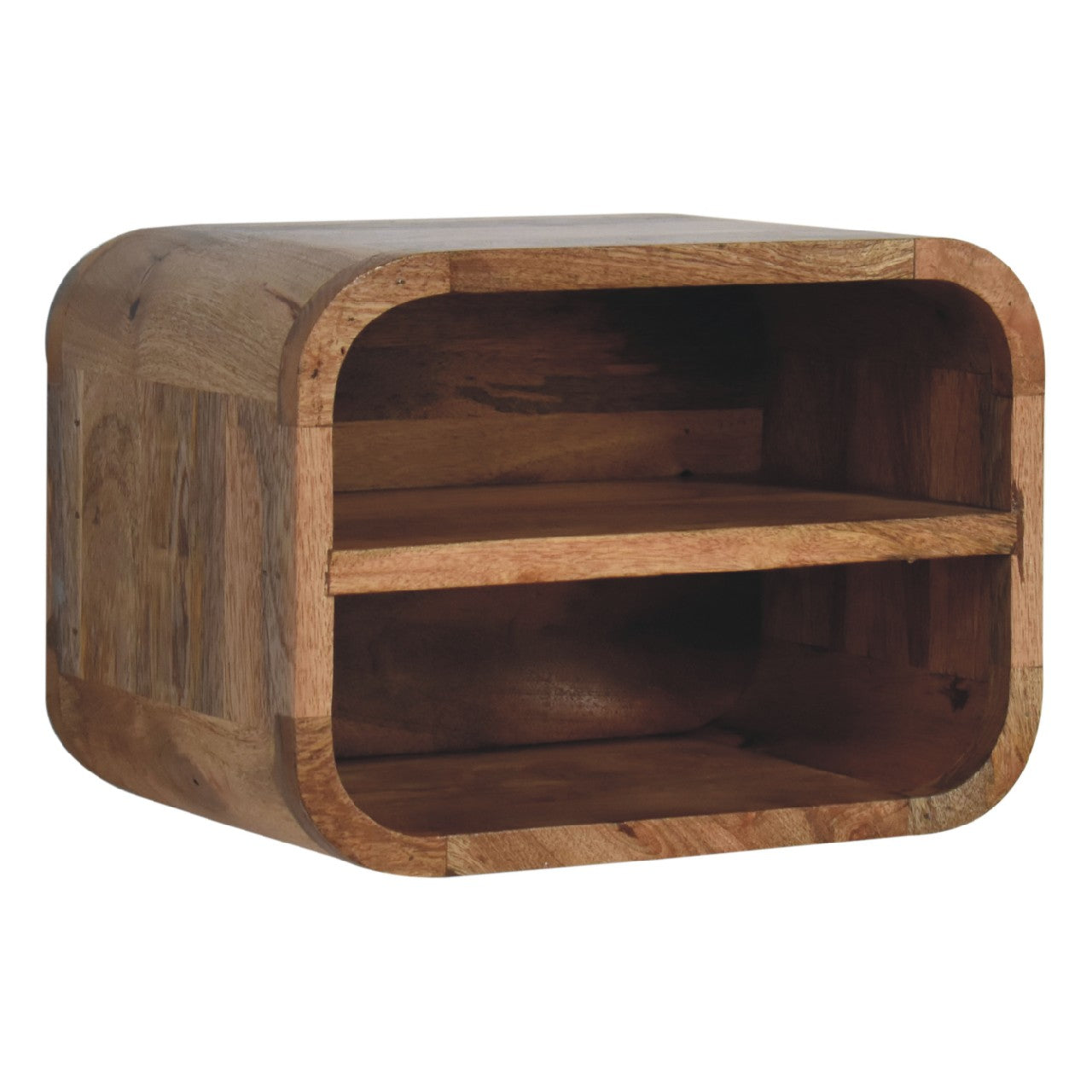 open curved oak ish 2 drawer wall mounted bedside