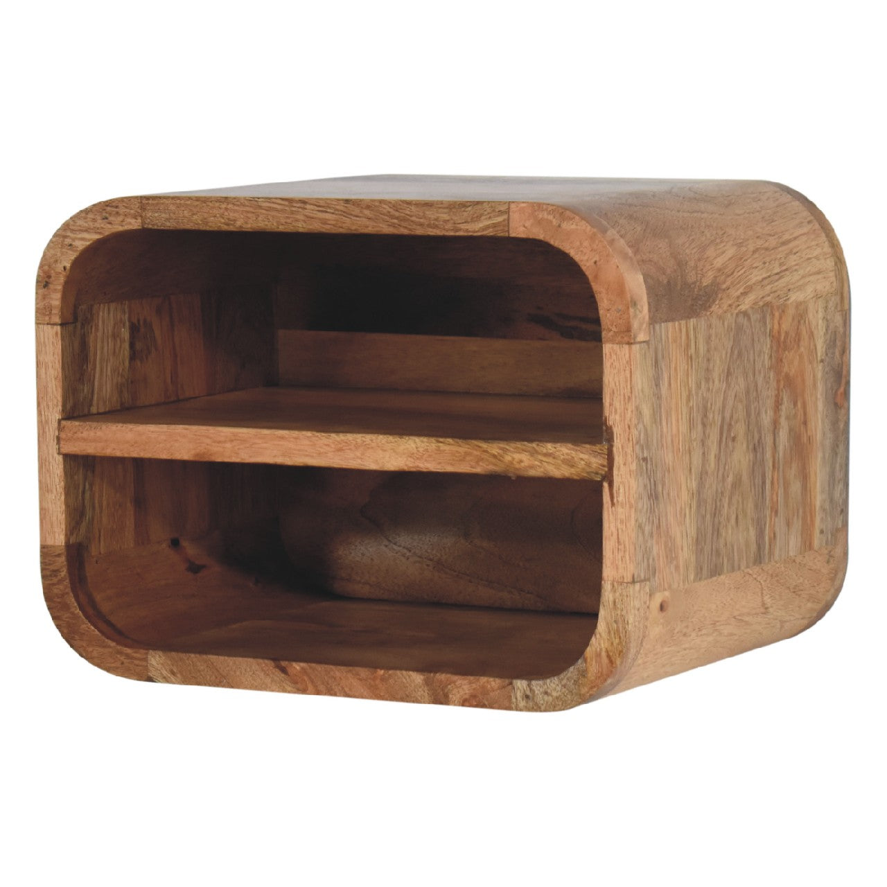 open curved oak ish 2 drawer wall mounted bedside