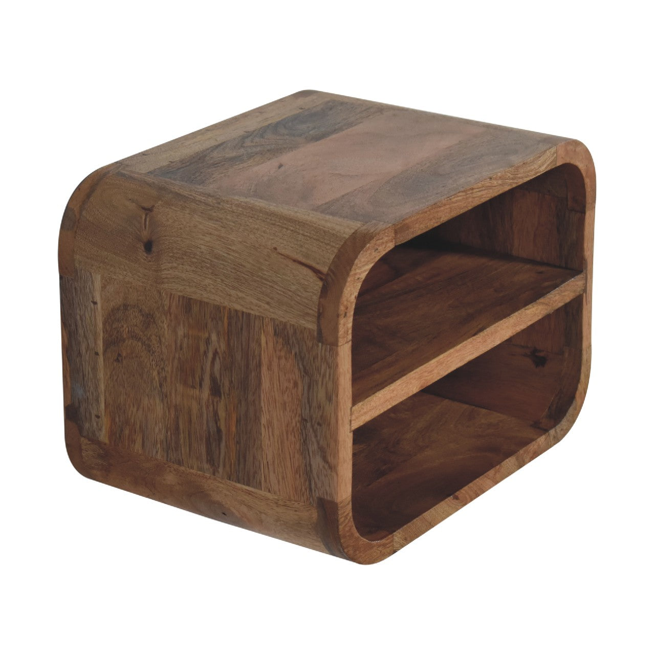 open curved oak ish 2 drawer wall mounted bedside