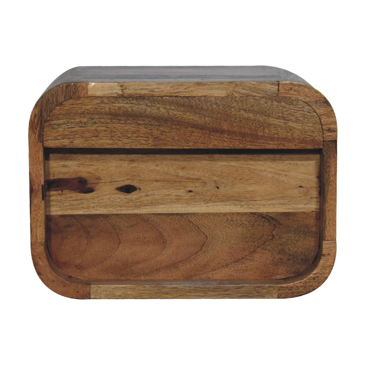 open curved oak ish 2 drawer wall mounted bedside