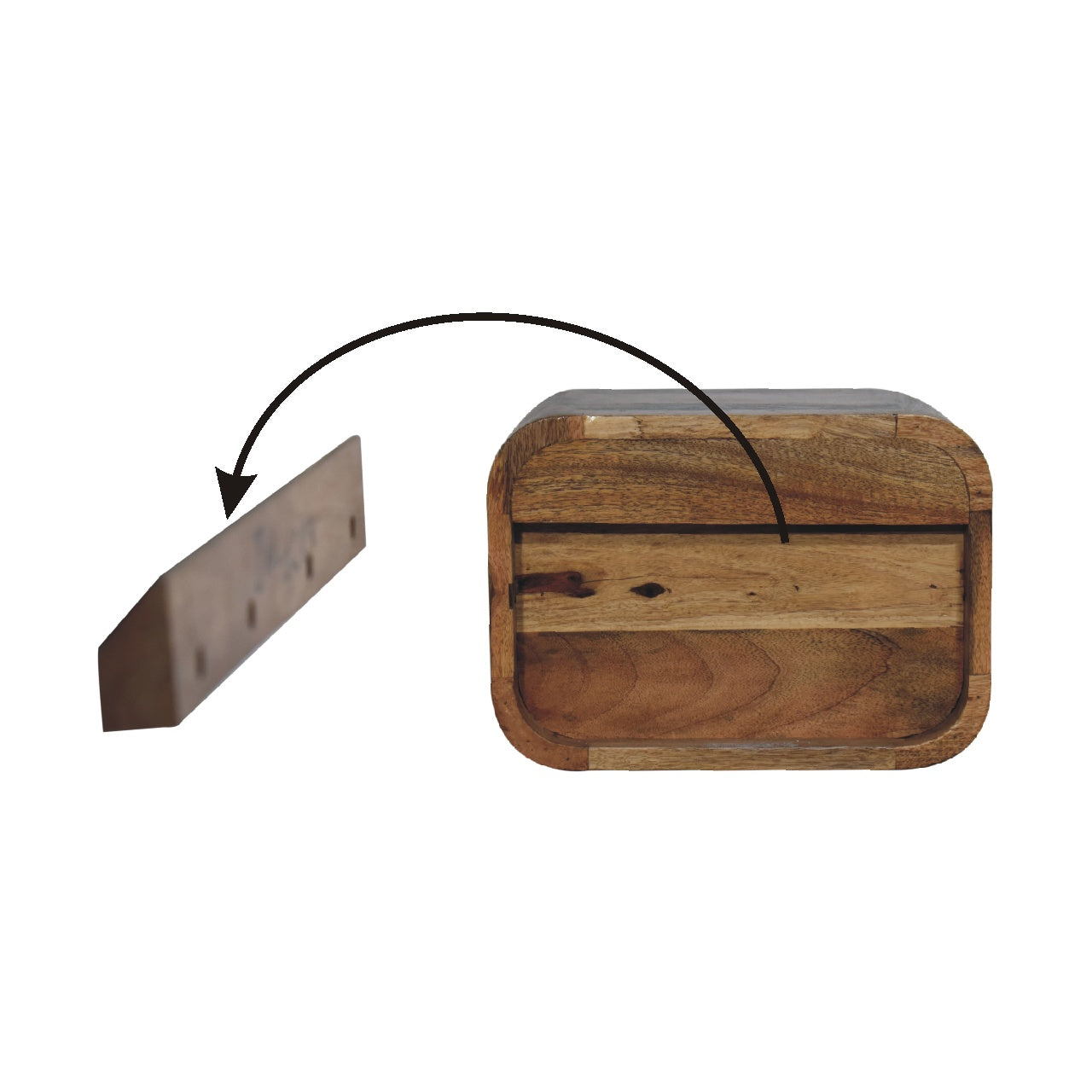 open curved oak ish 2 drawer wall mounted bedside
