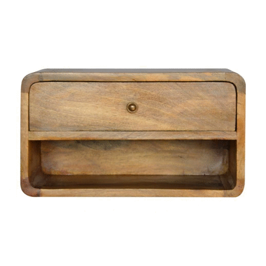 Solid Wood Curved Oak ish Wall Mounted Bedside with Open Slot