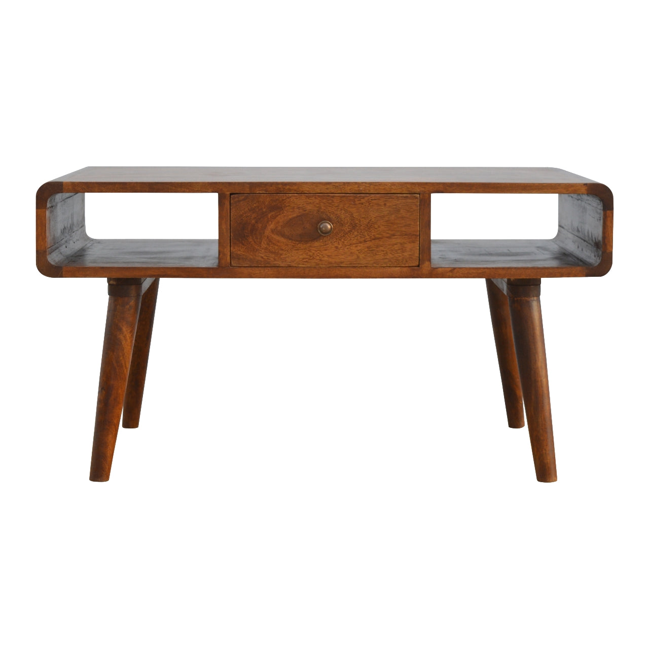Solid Wood Curved Chestnut Coffee Table with Central Drawer