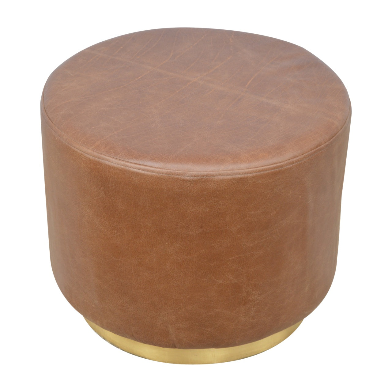 Solid Wood Brown Buffalo Leather Footstool with Gold Base
