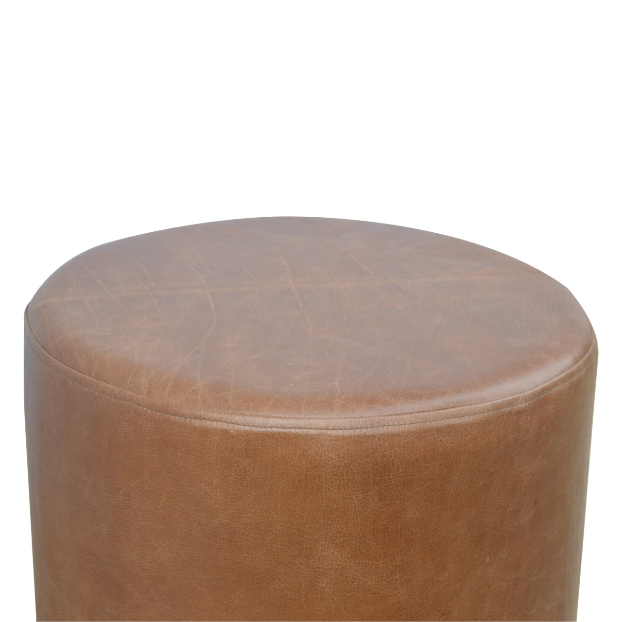 Solid Wood Brown Buffalo Leather Footstool with Gold Base