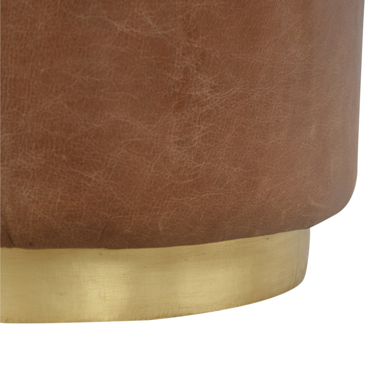 Solid Wood Brown Buffalo Leather Footstool with Gold Base