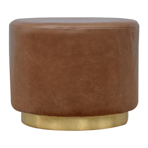 Solid Wood Brown Buffalo Leather Footstool with Gold Base