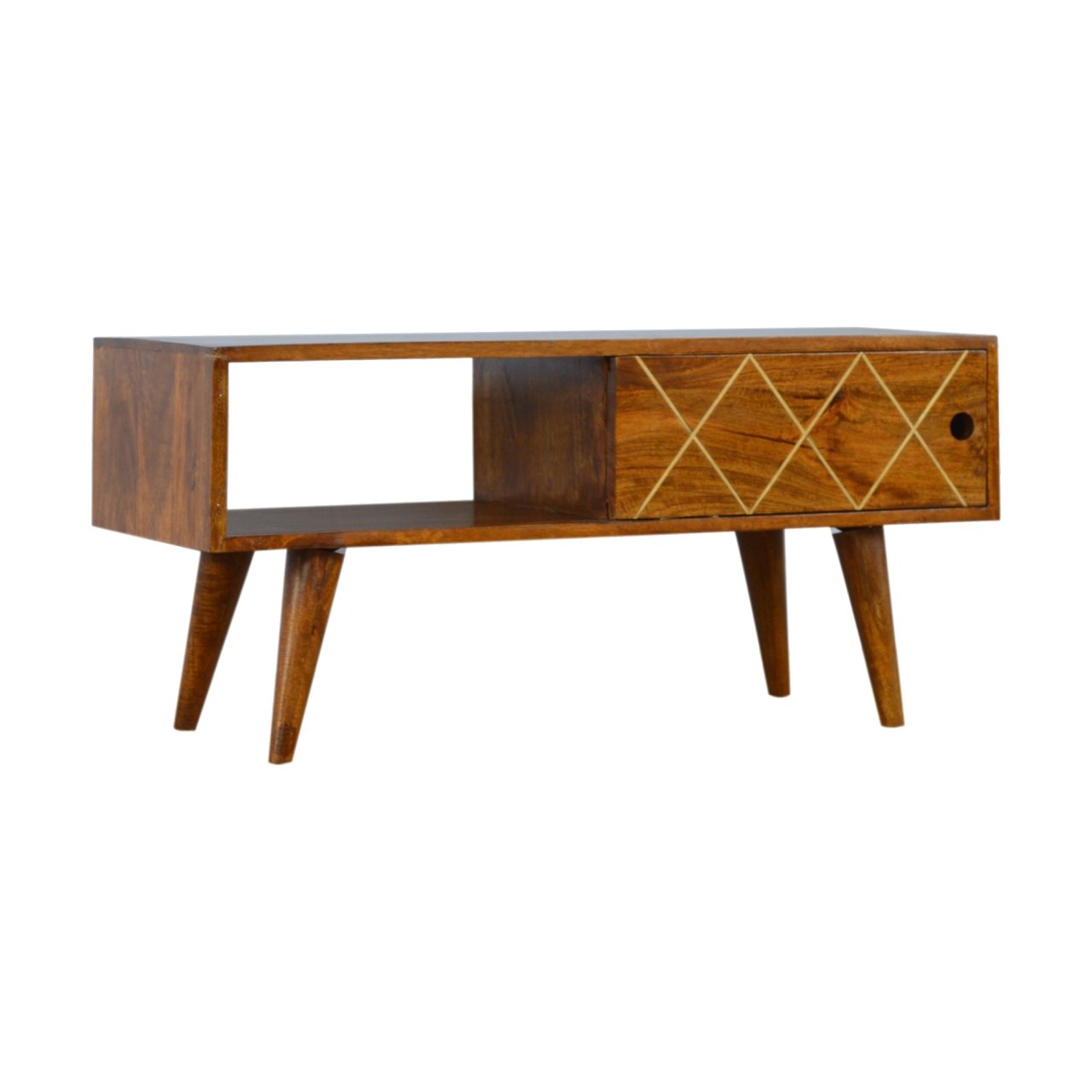 Solid Wood Brass Inlay Coffee Table with Sliding Door