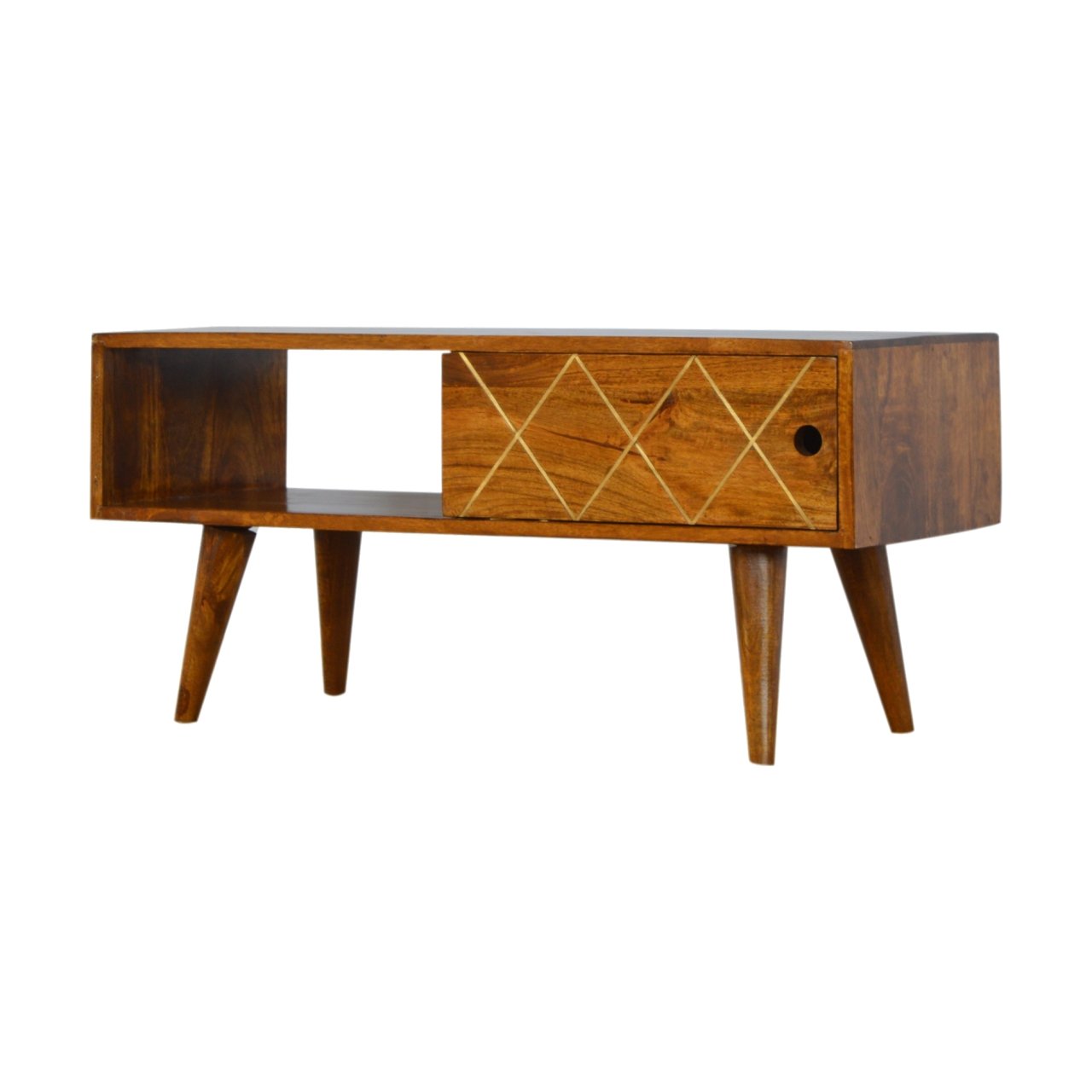 Solid Wood Brass Inlay Coffee Table with Sliding Door