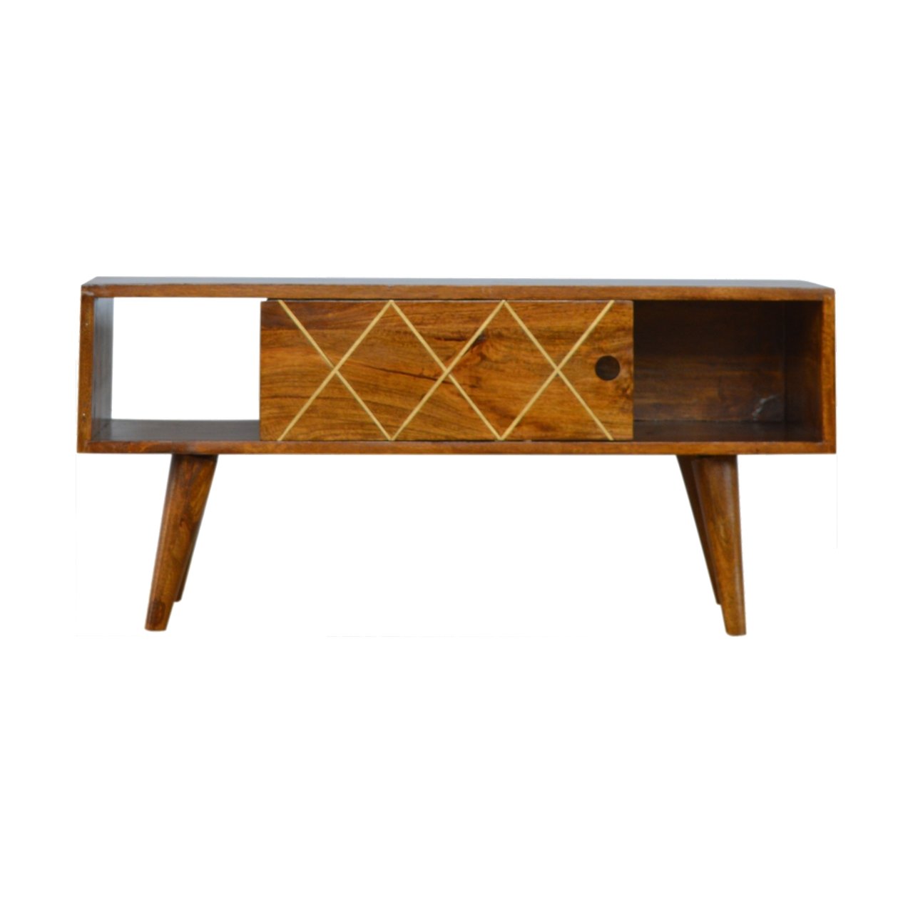 Solid Wood Brass Inlay Coffee Table with Sliding Door