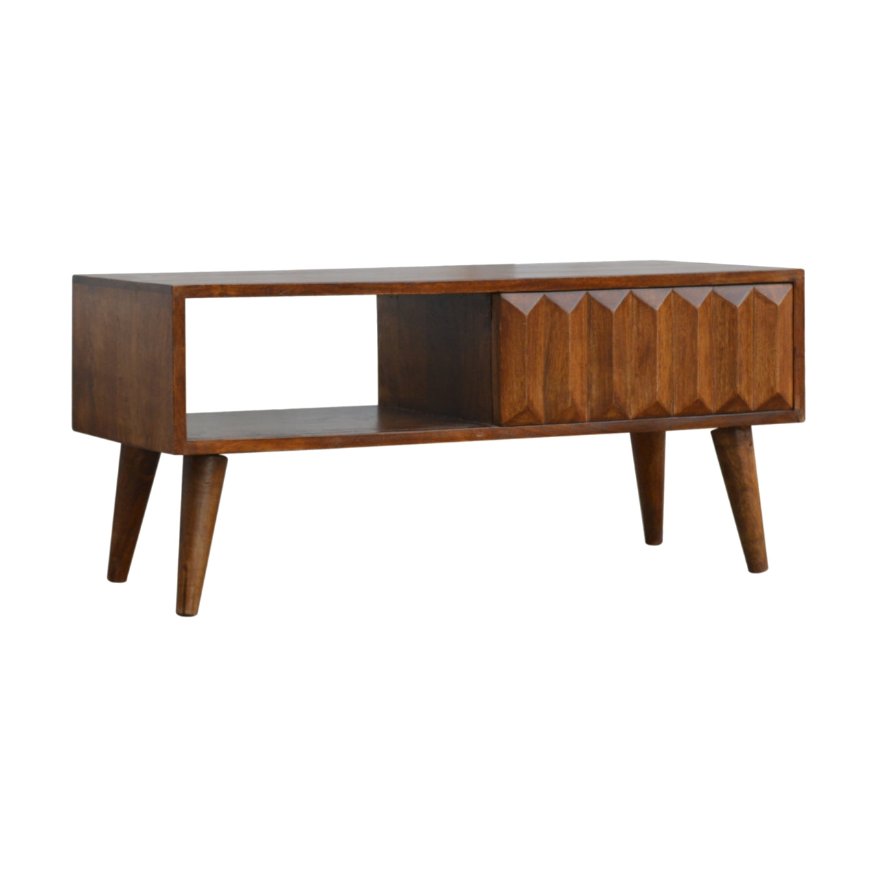 Solid Wood Chestnut Coffee Table with Carved Drawer Front