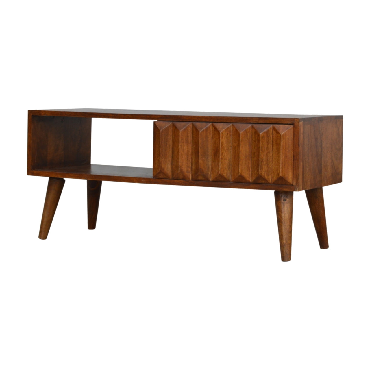 Solid Wood Chestnut Coffee Table with Carved Drawer Front