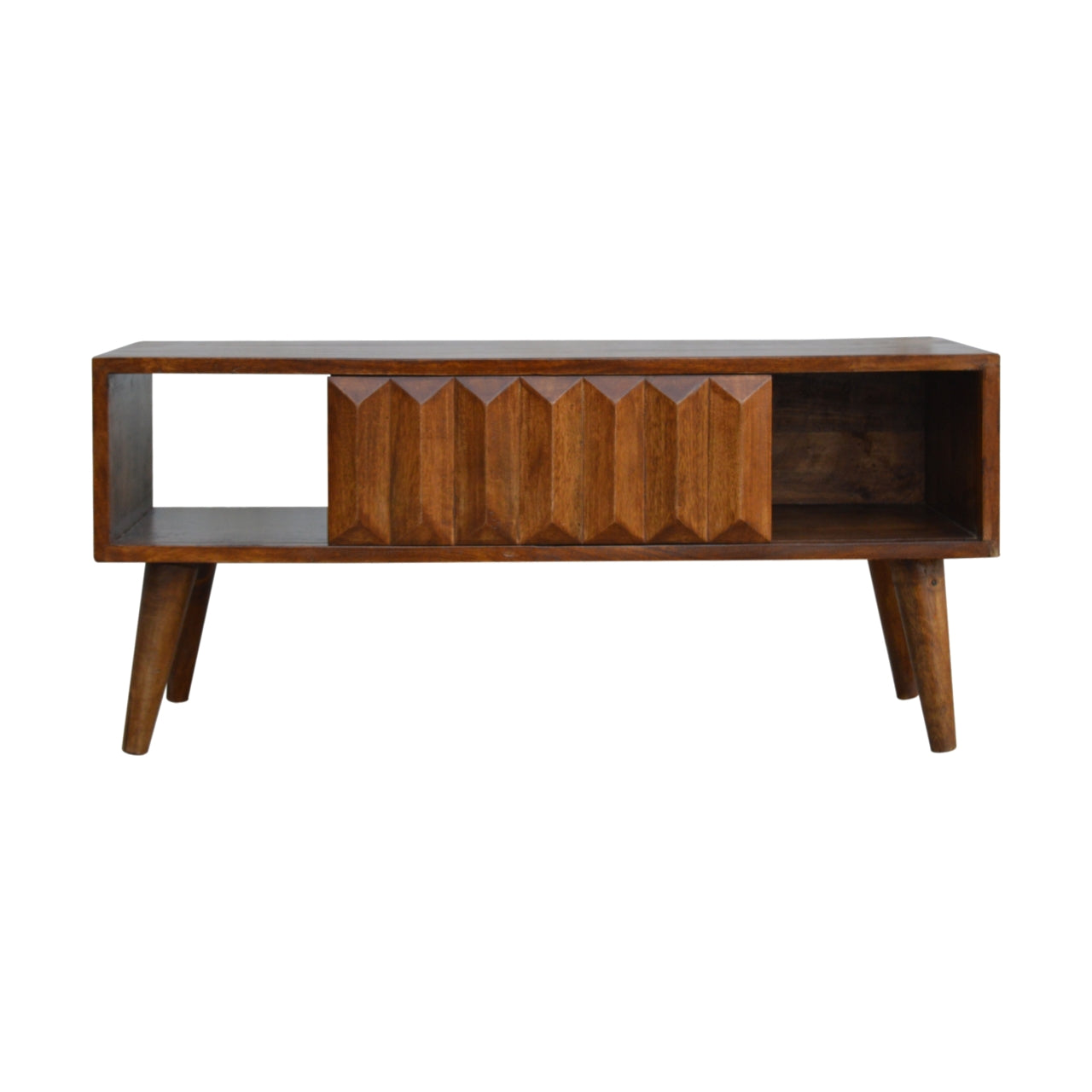Solid Wood Chestnut Coffee Table with Carved Drawer Front