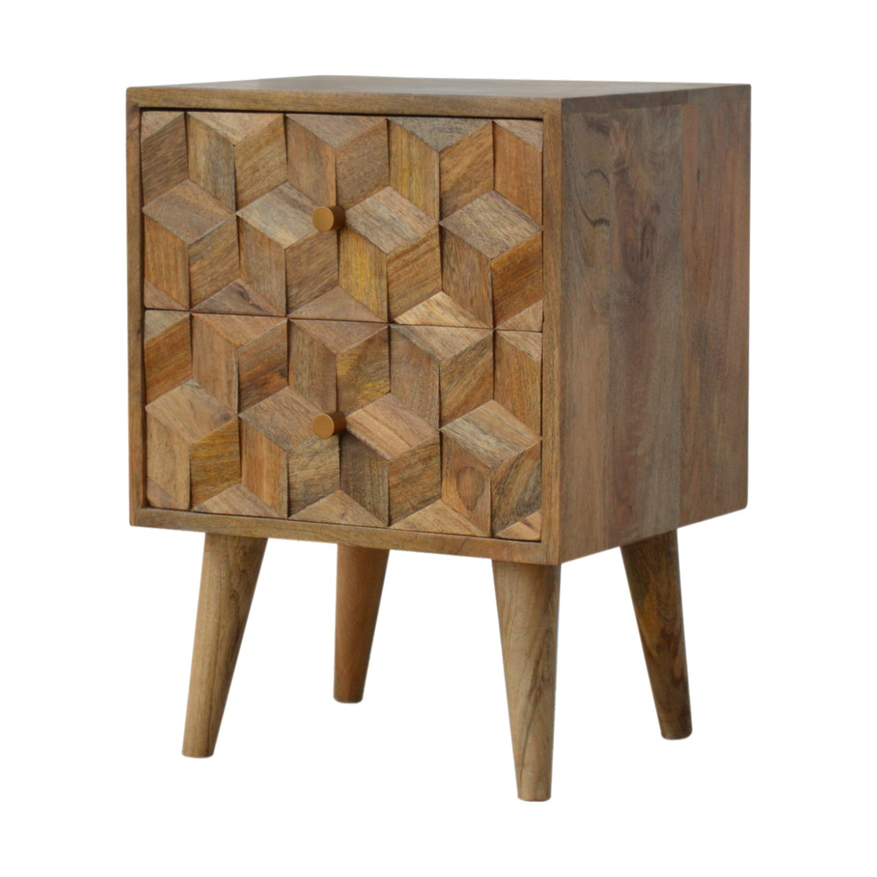 Solid Wood Cube Carved Bedside with 2 Drawers