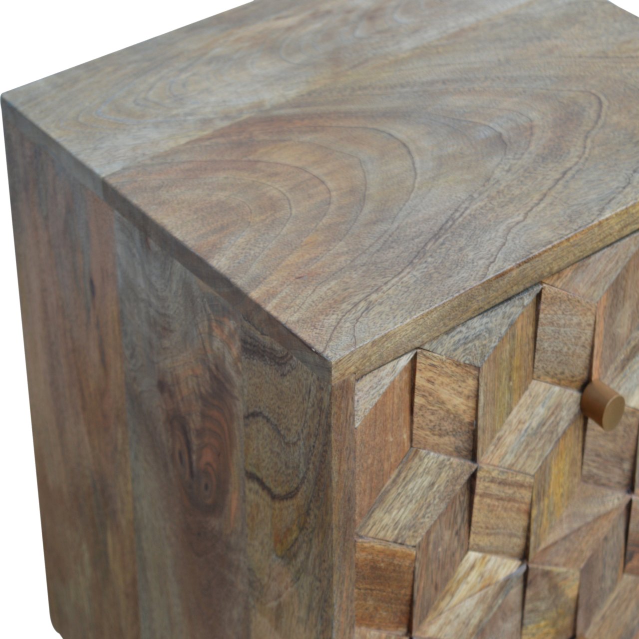 Solid Wood Cube Carved Bedside with 2 Drawers