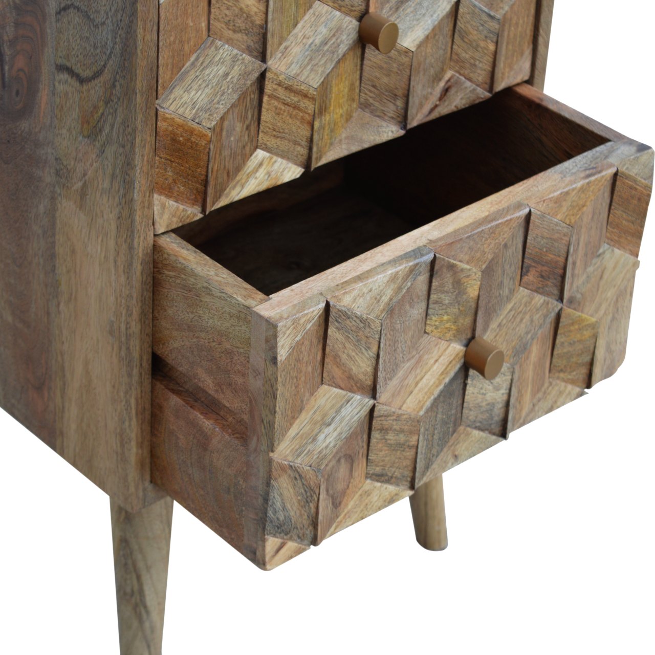 Solid Wood Cube Carved Bedside with 2 Drawers