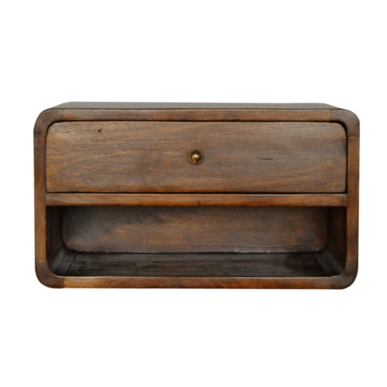 Solid Wood Curved Chestnut Floating Wall Mounted Bedside 1 Drawer