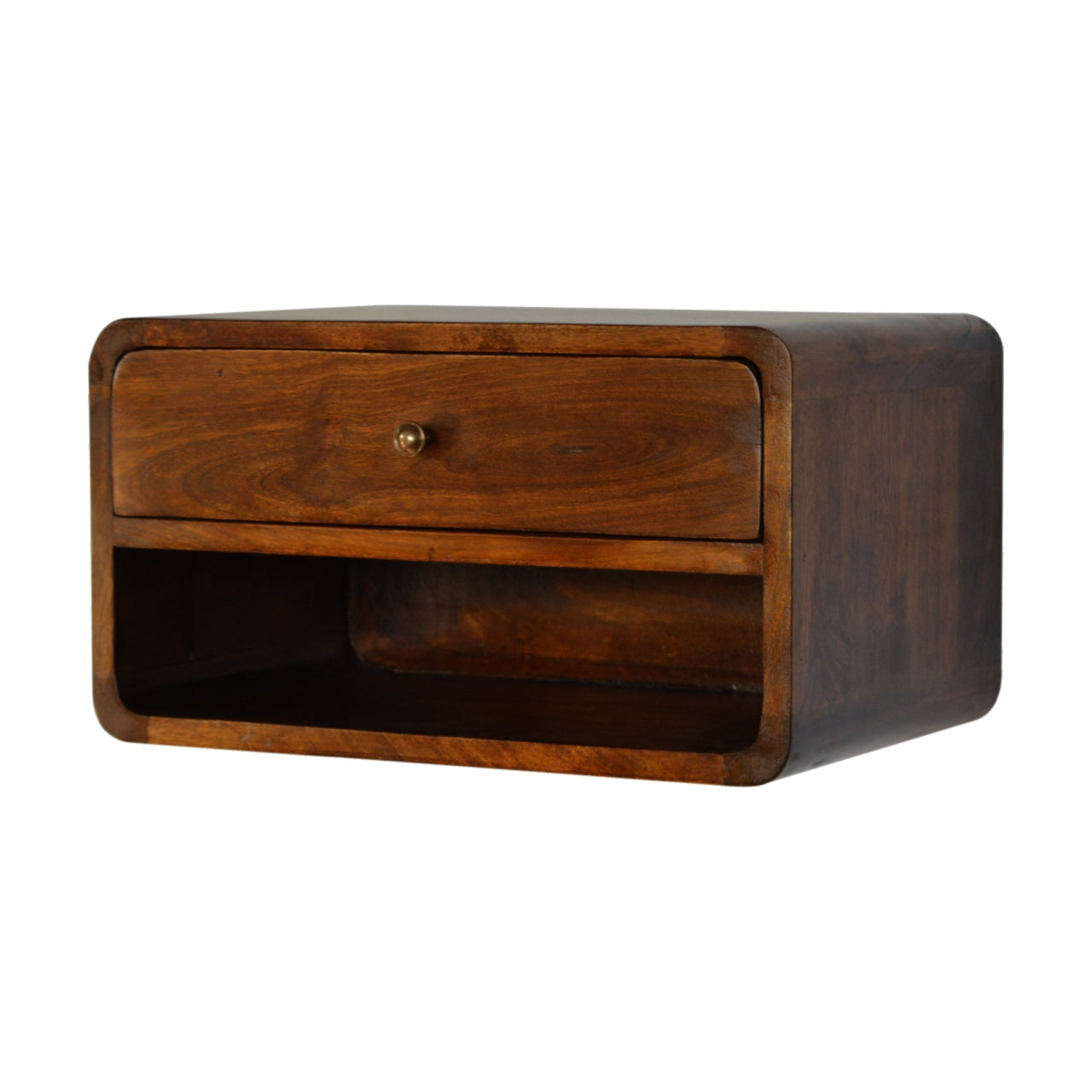Solid Wood Curved Chestnut Floating Wall Mounted Bedside 1 Drawer