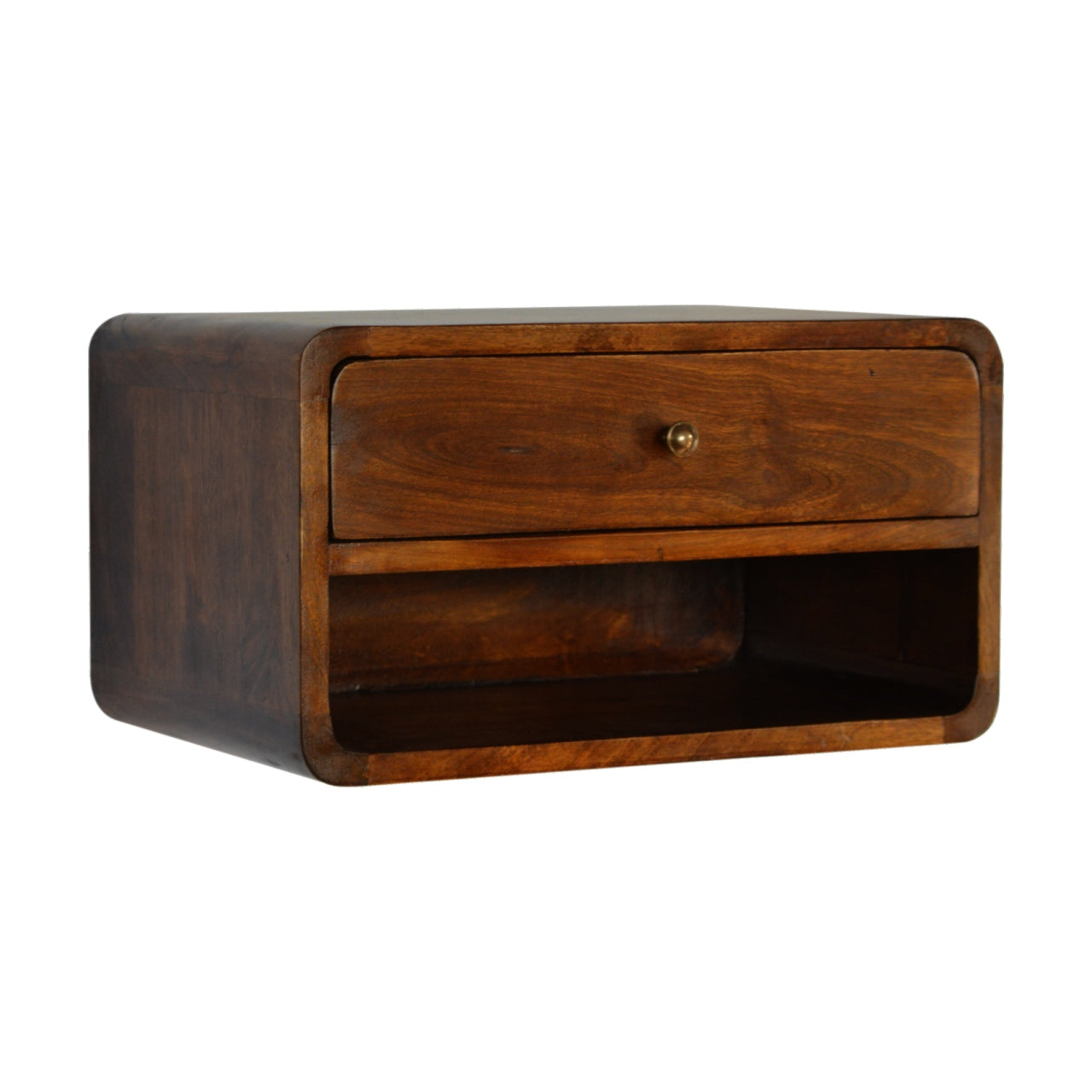 Solid Wood Curved Chestnut Floating Wall Mounted Bedside 1 Drawer