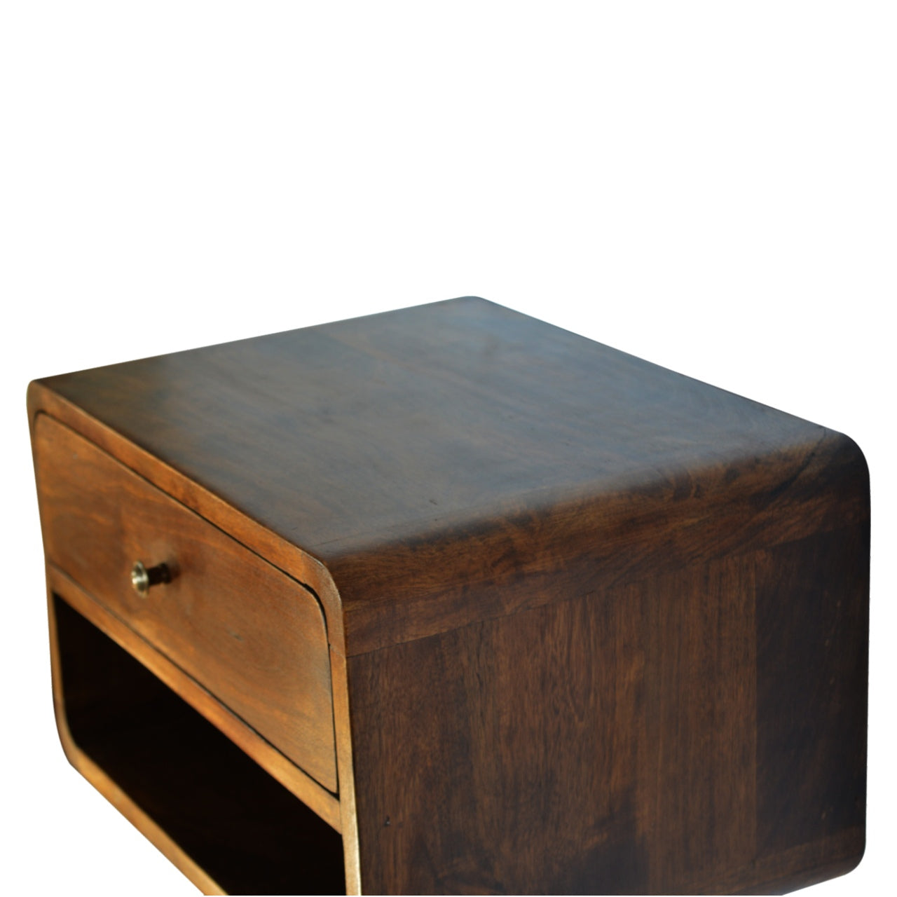 Solid Wood Curved Chestnut Floating Wall Mounted Bedside 1 Drawer