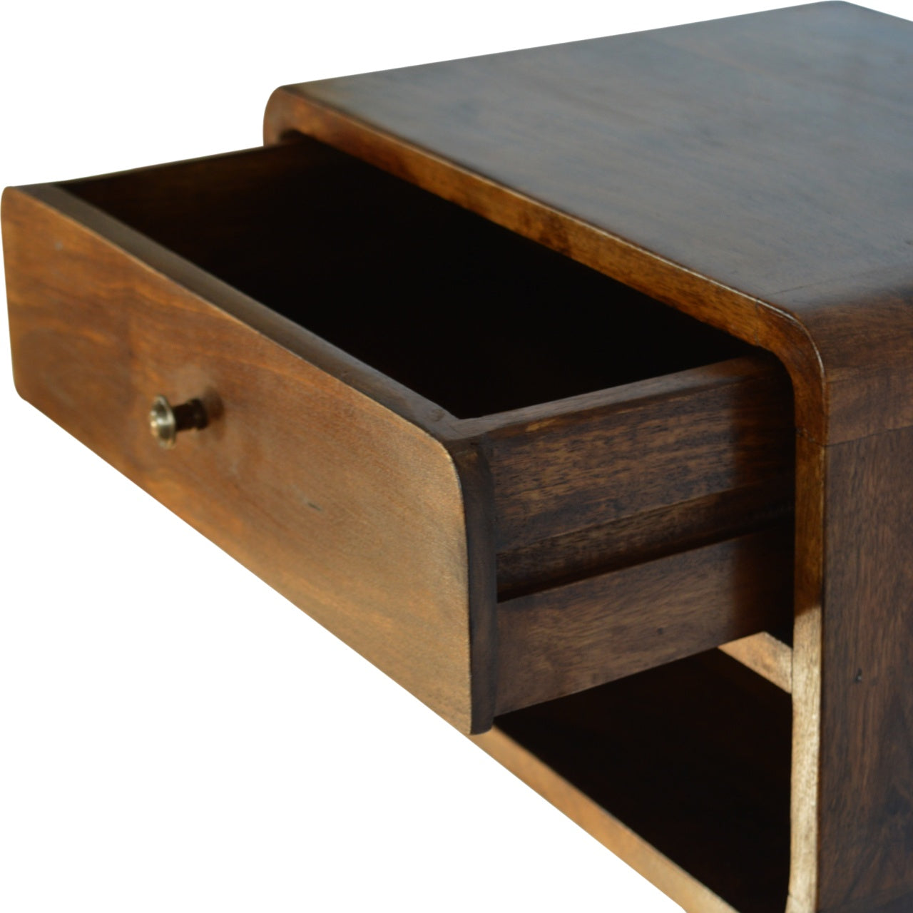 Solid Wood Curved Chestnut Floating Wall Mounted Bedside 1 Drawer