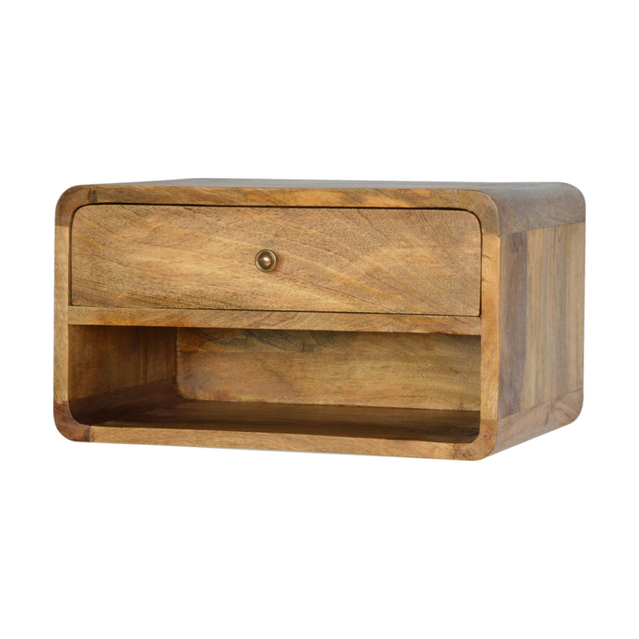 Solid Wood Curved Oak ish Wall Mounted Bedside with Open Slot