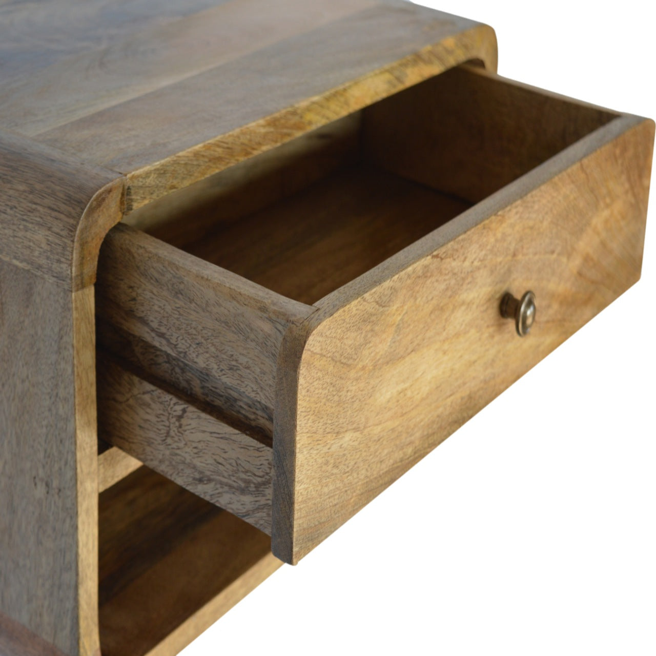 Solid Wood Curved Oak ish Wall Mounted Bedside with Open Slot