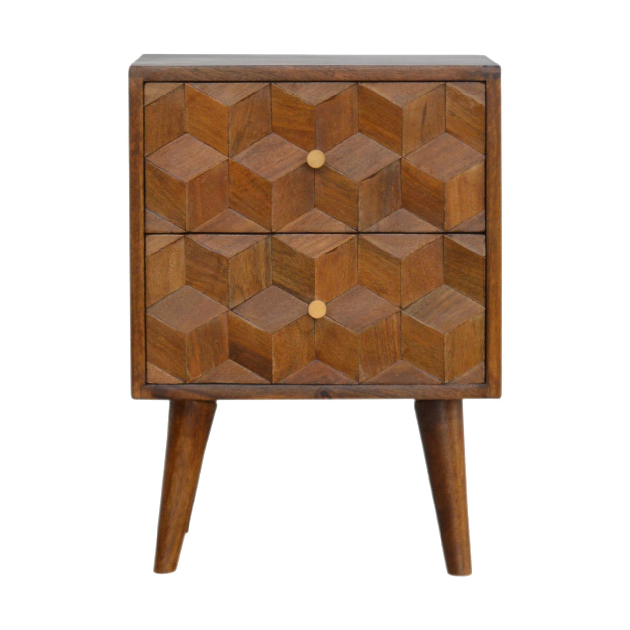 Solid Wood 2 Drawer Chestnut Cube Carved Bedside