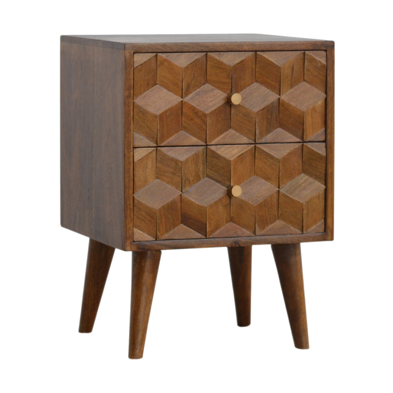 Solid Wood 2 Drawer Chestnut Cube Carved Bedside