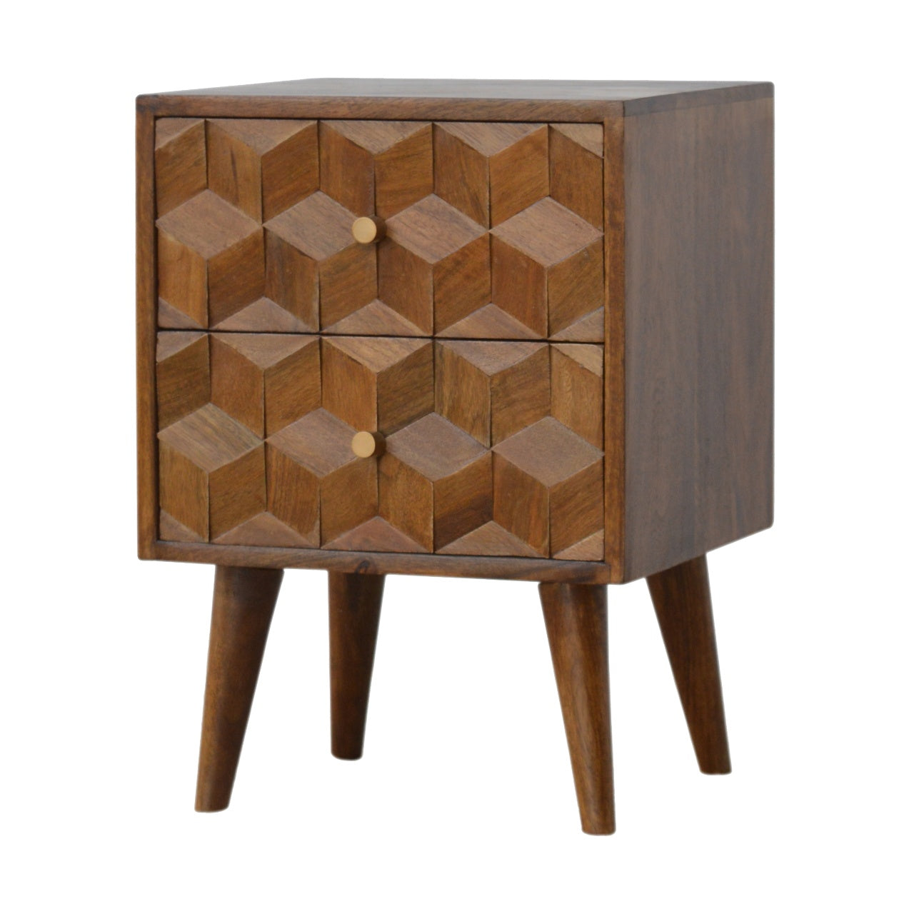 Solid Wood 2 Drawer Chestnut Cube Carved Bedside