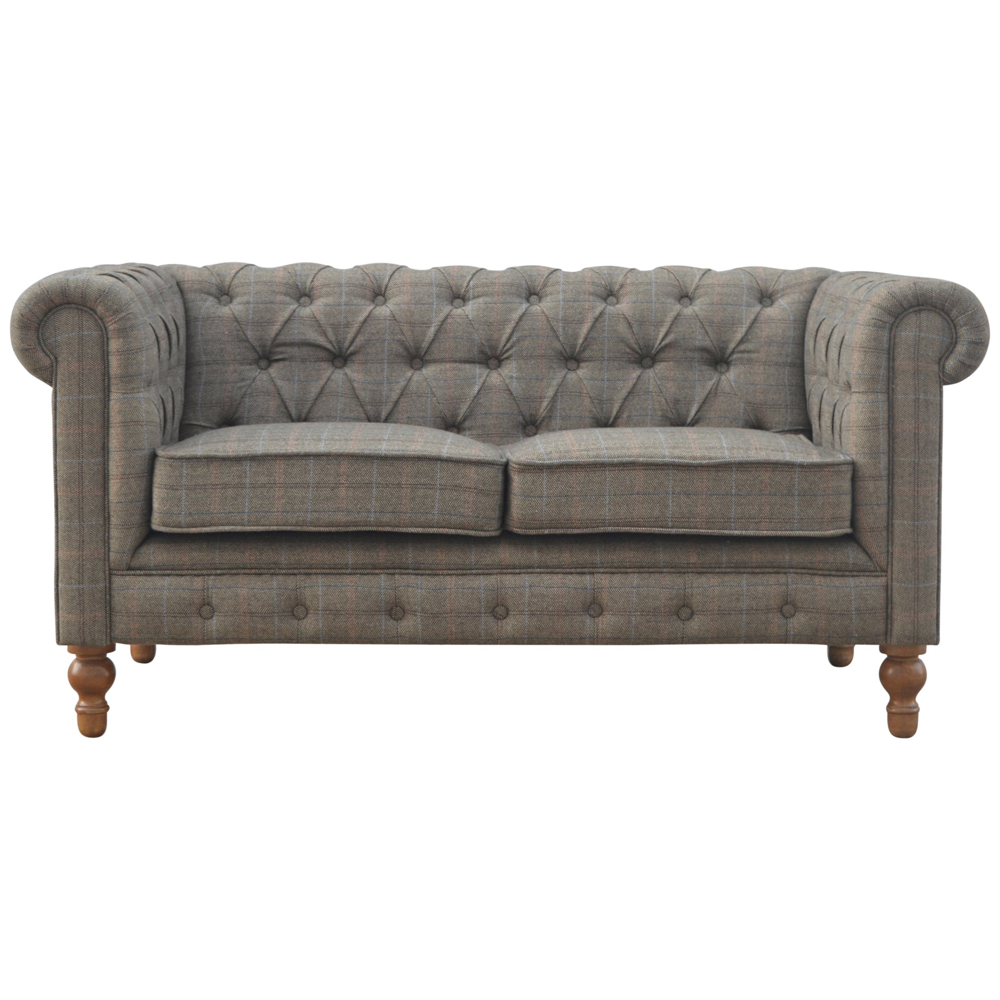 Gray tufted sofa with wooden legs on a white background
