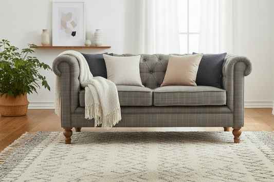 Gray checkered sofa with cushions and a blanket in a living room setting.