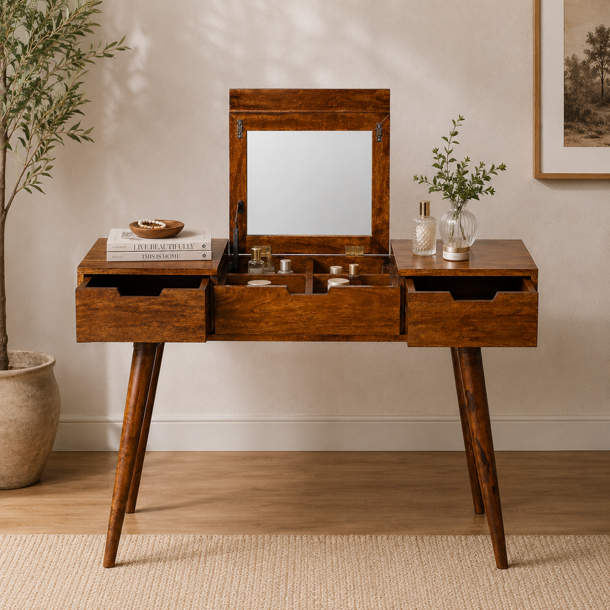 Chestnut Dressing Table with Foldable Mirror