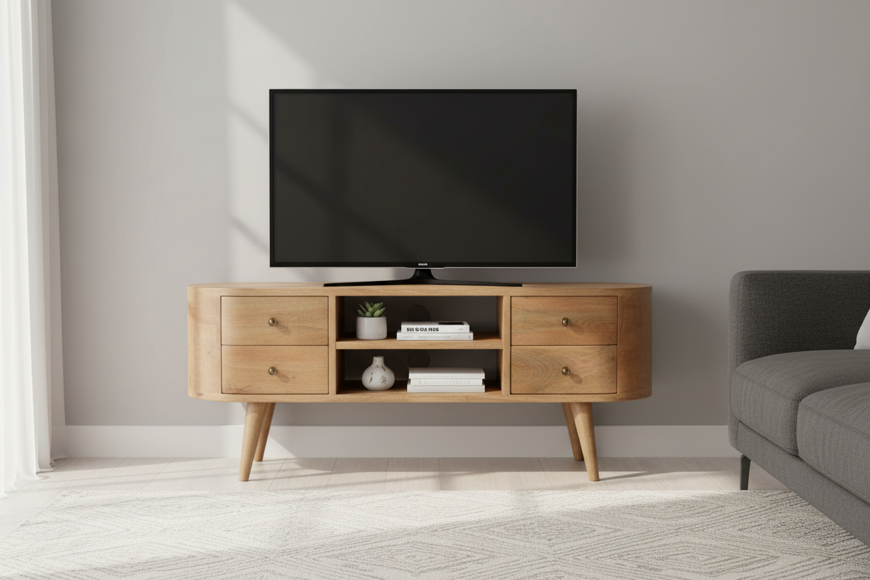 Wooden TV stand with a television mounted on a gray wall, next to a gray sofa.